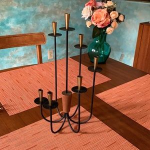 Seven branch candelabra w/candles; teak and iron